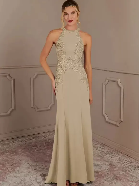 Robe de soirée pour mère de la mariée col licou sans manches sirène perlée avec traîne robes d'invitées pour mariage