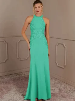 Robe de soirée pour mère de la mariée col licou sans manches sirène perlée avec traîne robes d'invitées pour mariage