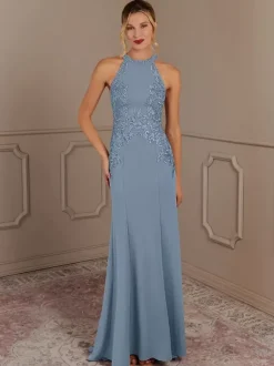 Robe de soirée pour mère de la mariée col licou sans manches sirène perlée avec traîne robes d'invitées pour mariage