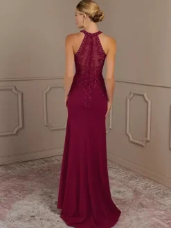 Robe de soirée pour mère de la mariée col licou sans manches sirène perlée avec traîne robes d'invitées pour mariage