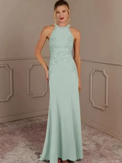 Robe de soirée pour mère de la mariée col licou sans manches sirène perlée avec traîne robes d'invitées pour mariage
