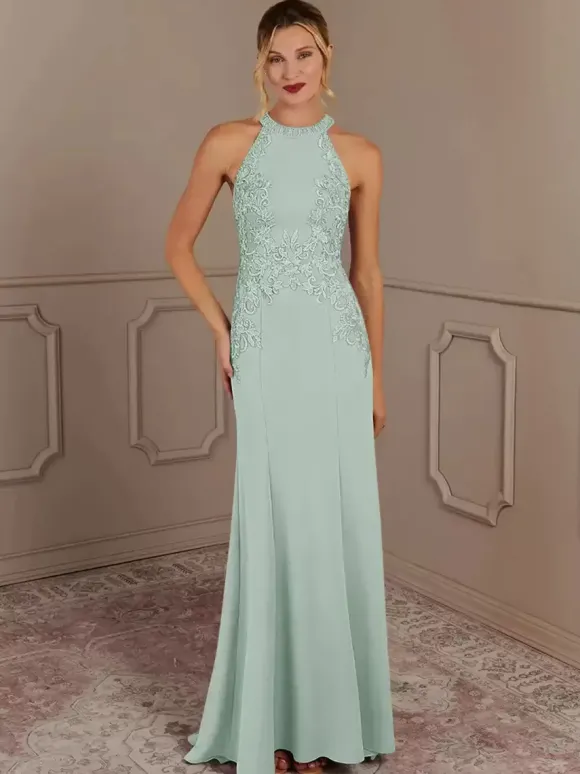 Robe de soirée pour mère de la mariée col licou sans manches sirène perlée avec traîne robes d'invitées pour mariage