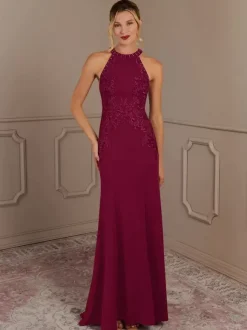 Robe de soirée pour mère de la mariée col licou sans manches sirène perlée avec traîne robes d'invitées pour mariage