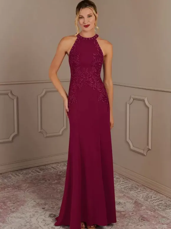 Robe de soirée pour mère de la mariée col licou sans manches sirène perlée avec traîne robes d'invitées pour mariage