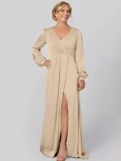 Robe de soirée pour mère de la mariée col en V manches longues ligne A plissée avec traîne robes d'invitées pour mariage