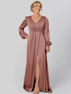 Robe de soirée pour mère de la mariée col en V manches longues ligne A plissée avec traîne robes d'invitées pour mariage