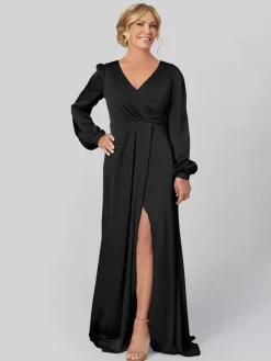 Robe de soirée pour mère de la mariée col en V manches longues ligne A plissée avec traîne robes d'invitées pour mariage