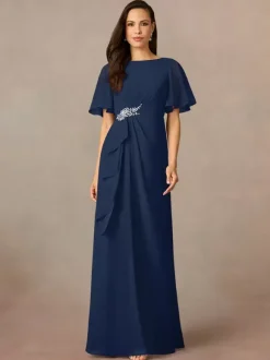 Robe de soirée pour mère de la mariée col bijou manches courtes ligne a plissée robes d'invitées de mariage