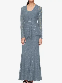 Robe de soirée pour mère de la mariée col en bijou manches longues sirène robes d'invitées de mariage en dentelle