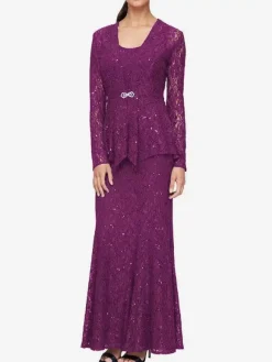 Robe de soirée pour mère de la mariée col en bijou manches longues sirène robes d'invitées de mariage en dentelle