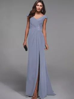 Robe de soirée pour mère de la mariée col en v manches courtes détails en dentelle robes d'invitées sirène pour mariage