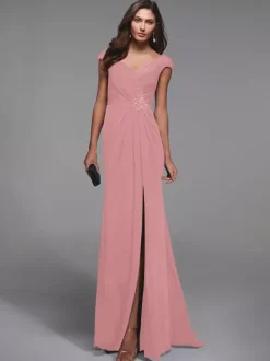Robe de soirée pour mère de la mariée col en v manches courtes détails en dentelle robes d'invitées sirène pour mariage