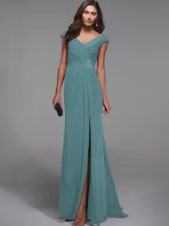 Robe de soirée pour mère de la mariée col en v manches courtes détails en dentelle robes d'invitées sirène pour mariage