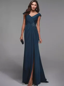 Robe de soirée pour mère de la mariée col en v manches courtes détails en dentelle robes d'invitées sirène pour mariage