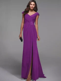 Robe de soirée pour mère de la mariée col en v manches courtes détails en dentelle robes d'invitées sirène pour mariage
