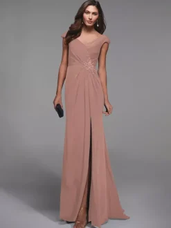 Robe de soirée pour mère de la mariée col en v manches courtes détails en dentelle robes d'invitées sirène pour mariage