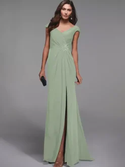 Robe de soirée pour mère de la mariée col en v manches courtes détails en dentelle robes d'invitées sirène pour mariage