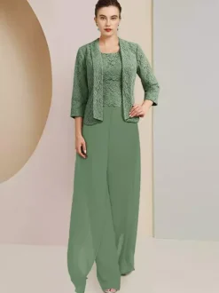 Robe de soirée pour mère de la mariée  col bijou  manches 3/4  deux pièces en dentelle  robes d'invitées de mariage