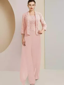 Robe de soirée pour mère de la mariée  col bijou  manches 3/4  deux pièces en dentelle  robes d'invitées de mariage