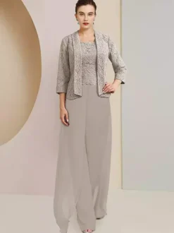 Robe de soirée pour mère de la mariée  col bijou  manches 3/4  deux pièces en dentelle  robes d'invitées de mariage