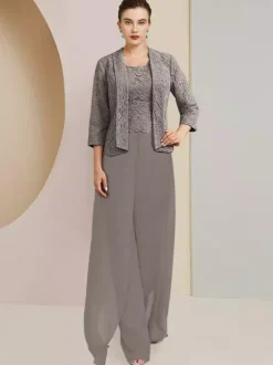 Robe de soirée pour mère de la mariée  col bijou  manches 3/4  deux pièces en dentelle  robes d'invitées de mariage