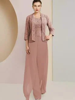Robe de soirée pour mère de la mariée  col bijou  manches 3/4  deux pièces en dentelle  robes d'invitées de mariage