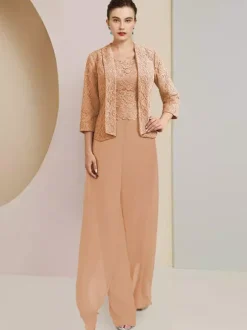 Robe de soirée pour mère de la mariée  col bijou  manches 3/4  deux pièces en dentelle  robes d'invitées de mariage