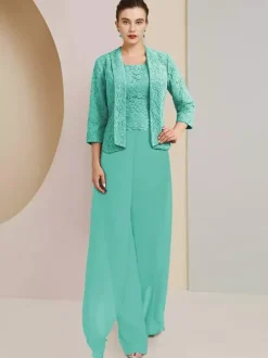 Robe de soirée pour mère de la mariée  col bijou  manches 3/4  deux pièces en dentelle  robes d'invitées de mariage