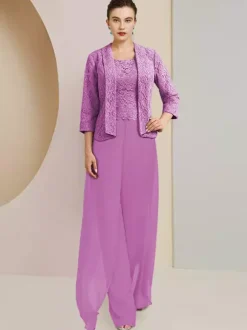Robe de soirée pour mère de la mariée  col bijou  manches 3/4  deux pièces en dentelle  robes d'invitées de mariage
