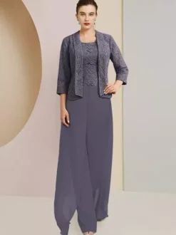 Robe de soirée pour mère de la mariée  col bijou  manches 3/4  deux pièces en dentelle  robes d'invitées de mariage