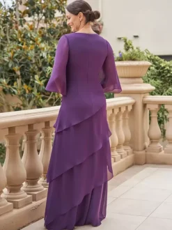 Robe de soirée pour mère de la mariée col en v manches courtes ligne a volants longueur au sol robes d'invitées de mariage
