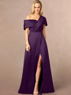 Robe de soirée pour mère de la mariée asymétrique épaule dénudée manches courtes ligne a fendue sur le devant longueur au sol robes d'invitées de mariage
