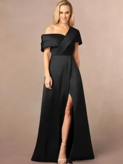 Robe de soirée pour mère de la mariée asymétrique épaule dénudée manches courtes ligne a fendue sur le devant longueur au sol robes d'invitées de mariage