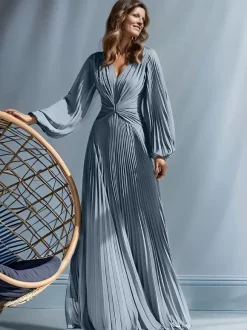 Robe de soirée pour mère de la mariée col en v manches longues ligne a plissée longueur au sol robes d'invitées pour mariage