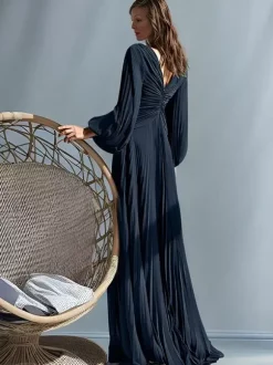 Robe de soirée pour mère de la mariée col en v manches longues ligne a plissée longueur au sol robes d'invitées pour mariage
