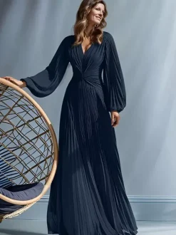 Robe de soirée pour mère de la mariée col en v manches longues ligne a plissée longueur au sol robes d'invitées pour mariage