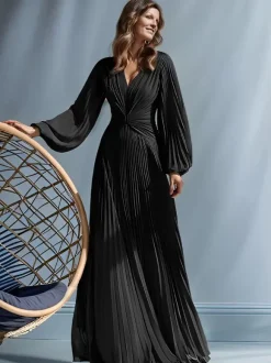 Robe de soirée pour mère de la mariée col en v manches longues ligne a plissée longueur au sol robes d'invitées pour mariage