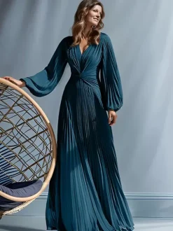 Robe de soirée pour mère de la mariée col en v manches longues ligne a plissée longueur au sol robes d'invitées pour mariage