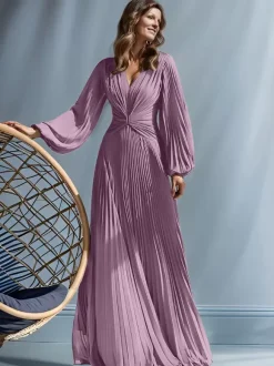 Robe de soirée pour mère de la mariée col en v manches longues ligne a plissée longueur au sol robes d'invitées pour mariage