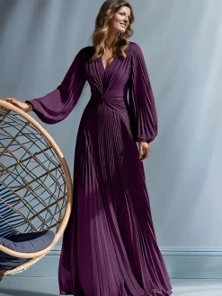 Robe de soirée pour mère de la mariée col en v manches longues ligne a plissée longueur au sol robes d'invitées pour mariage