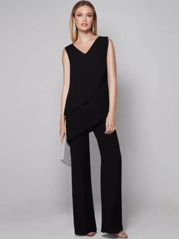 Robe de soirée pour mère de la mariée combinaison sans manches col en v longueur au sol robes d'invitées pour mariage