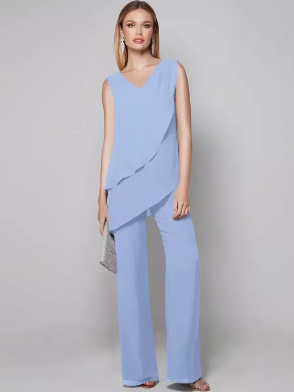 Robe de soirée pour mère de la mariée combinaison sans manches col en v longueur au sol robes d'invitées pour mariage