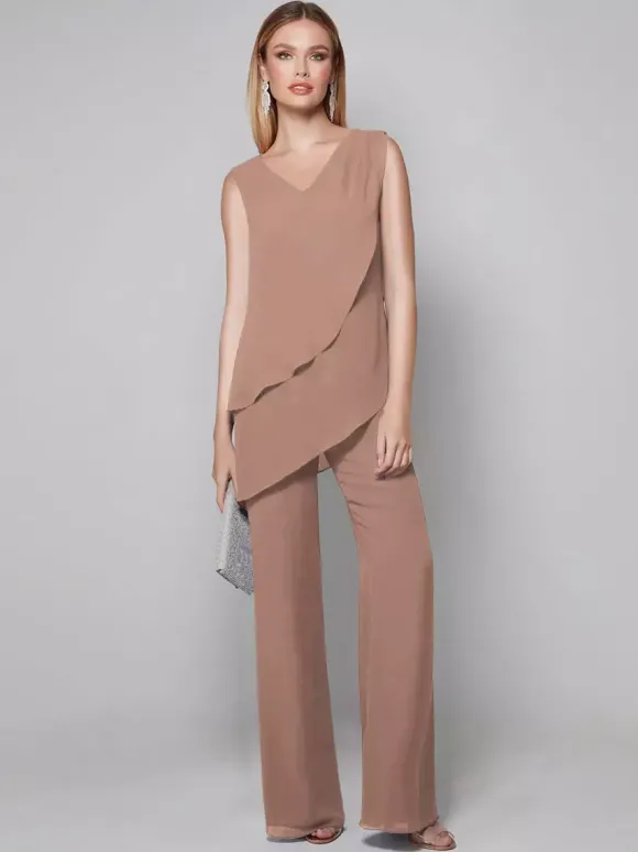 Robe de soirée pour mère de la mariée combinaison sans manches col en v longueur au sol robes d'invitées pour mariage
