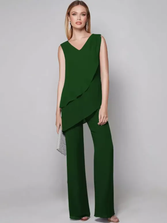 Robe de soirée pour mère de la mariée combinaison sans manches col en v longueur au sol robes d'invitées pour mariage