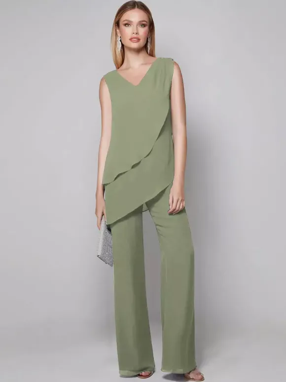 Robe de soirée pour mère de la mariée combinaison sans manches col en v longueur au sol robes d'invitées pour mariage