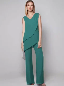 Robe de soirée pour mère de la mariée combinaison sans manches col en v longueur au sol robes d'invitées pour mariage