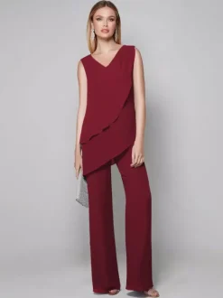 Robe de soirée pour mère de la mariée combinaison sans manches col en v longueur au sol robes d'invitées pour mariage