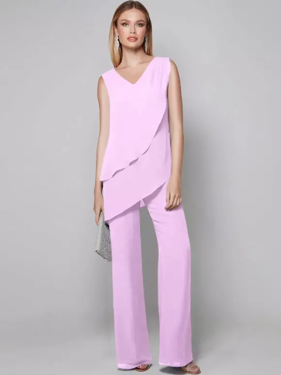 Robe de soirée pour mère de la mariée combinaison sans manches col en v longueur au sol robes d'invitées pour mariage