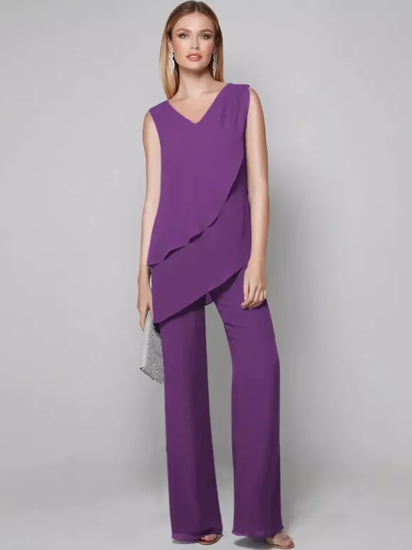 Robe de soirée pour mère de la mariée combinaison sans manches col en v longueur au sol robes d'invitées pour mariage