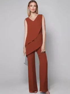 Robe de soirée pour mère de la mariée combinaison sans manches col en v longueur au sol robes d'invitées pour mariage